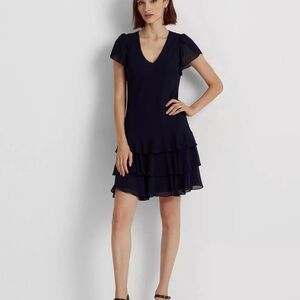 Lauren Ralph Lauren Navy V-Neck Tiered Ruffle Mini Dress